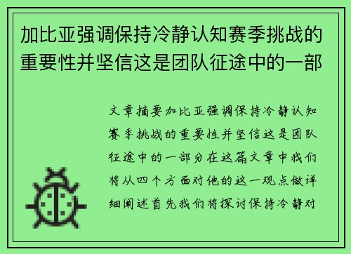 加比亚强调保持冷静认知赛季挑战的重要性并坚信这是团队征途中的一部分